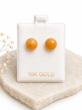 10K Gold Amber Lucite Ball Stud Earrings NWT